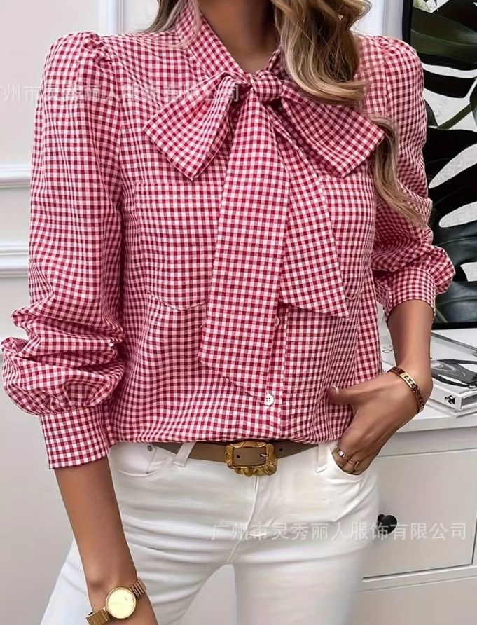 Tie Front Shirt - เสื้อเชิ้ตลายตารางหมากรุกสไตล์ลำลองสำหรับผู้หญิง ฤดูใบไม้ผลิ/ฤดูใบไม้ร่วง แฟชั่นผูกโบว์ แขนยาว ดีไซน์หรูหรา คอซ้อน