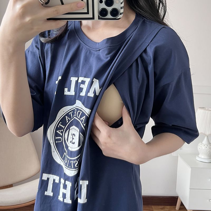 Summer Clothing Women - ชุดพยาบาลคนท้องให้นมบุตรเสื้อยืดยาวชุดนอนผู้หญิงฤดูร้อนเสื้อผ้าหลวมสำหรับให้นมบุตรเสื้อผ้าสำหรับตั้งครรภ์เสื้อผ้าสำหรับอยู่บ้าน