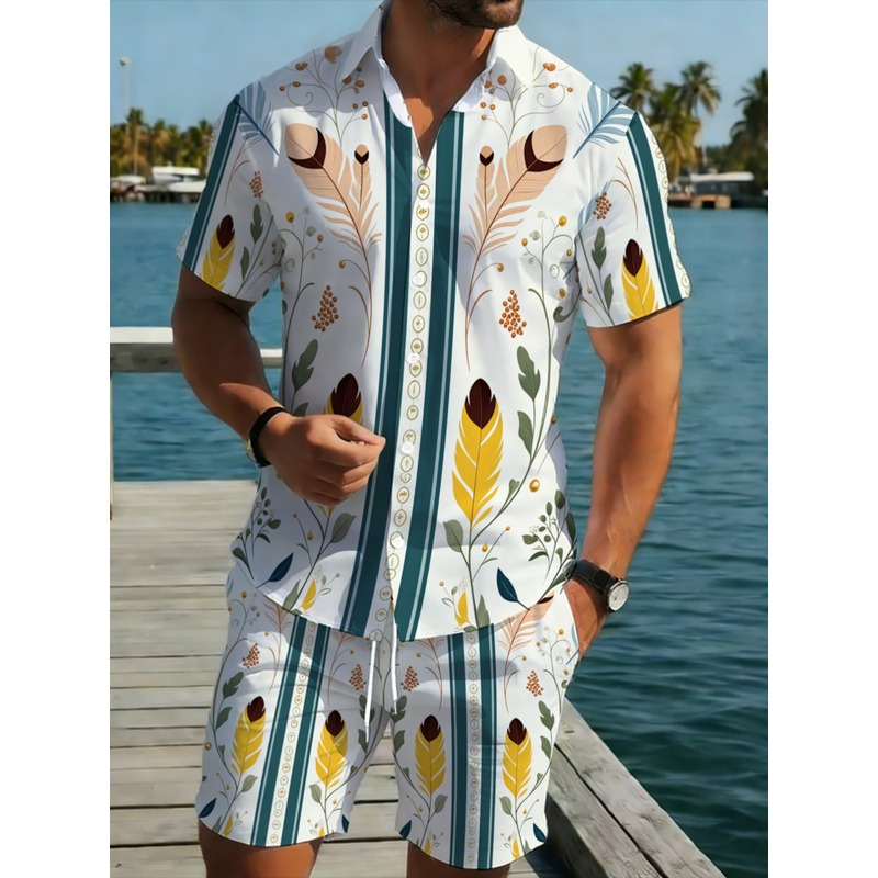 Beach Shirt Hawaiian - ชุดฤดูร้อนผู้ชาย 2 ชิ้น เสื้อฮาวายและกางเกงขาสั้น ผ้าโพลีเอสเตอร์ น้ำหนักเบา