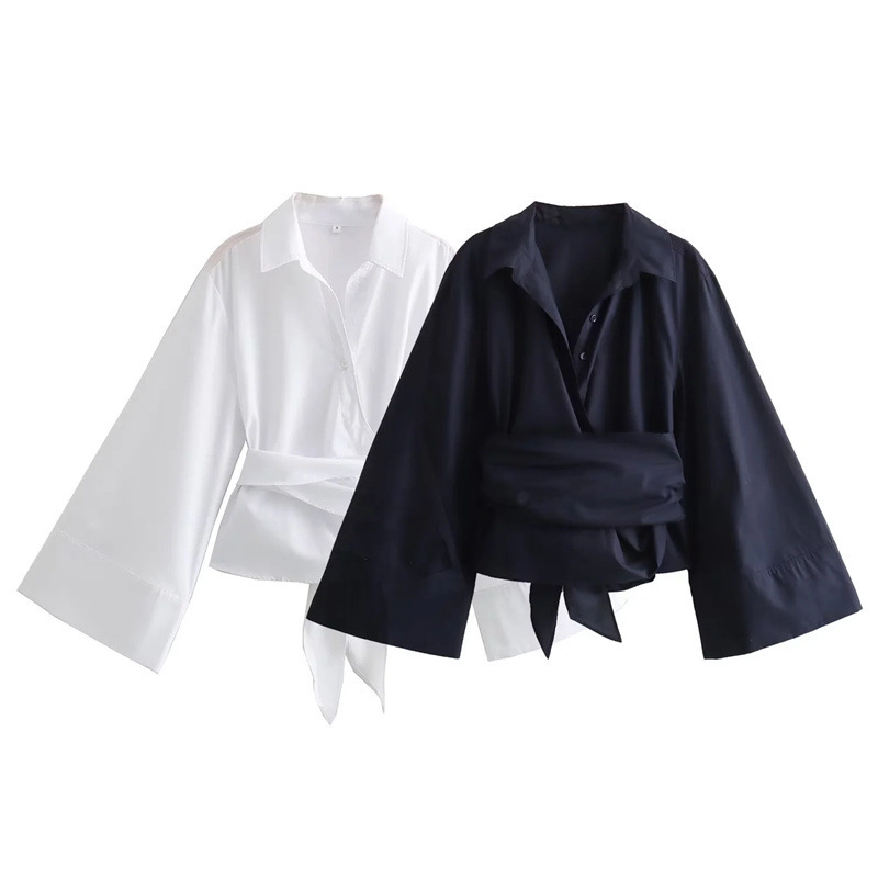 Tie Front Shirt - เสื้อเบลาส์ kimono lengan Panjang พร้อมโบว์ผูกคอโปโลลำลองกระดุมด้านหน้าเสื้อเสื้อยืดสตรีกระดุมสองแถว