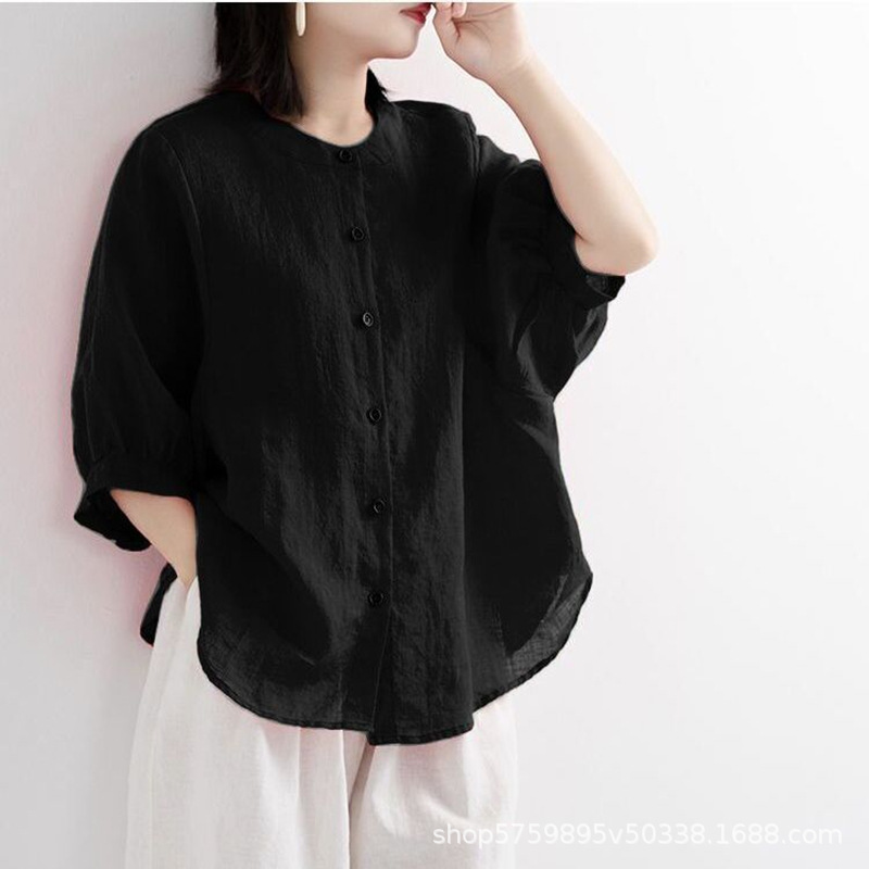 Summer Clothing Office - เสื้อผู้หญิงไซส์ใหญ่ สีพื้น ผ้าฝ้ายลินินเนื้อบาง สวมใส่สบาย ทรงหลวม แฟชั่นสำหรับสาวออฟฟิศ