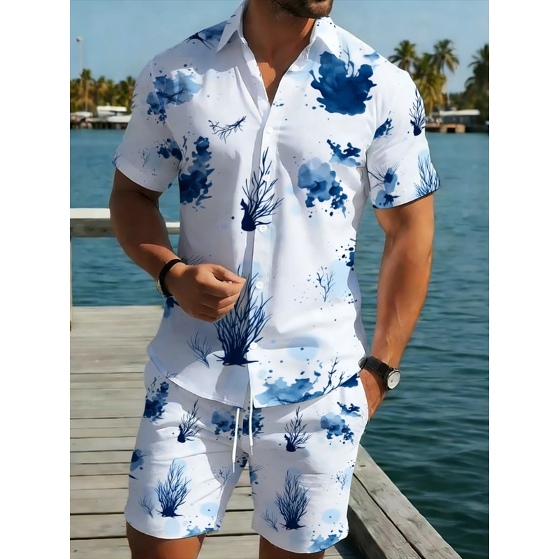 Beach Shirt Hawaiian - ชุดเสื้อเชิ้ตฮาวายและกางเกงขาสั้นสำหรับผู้ชาย ลายดอกไม้สีน้ำเงิน น้ำหนักเบา ผลิตจากโพลีเอสเตอร์ เหมาะสำหรับใส่ลำลองกลางแจ้งในฤดูร้อน