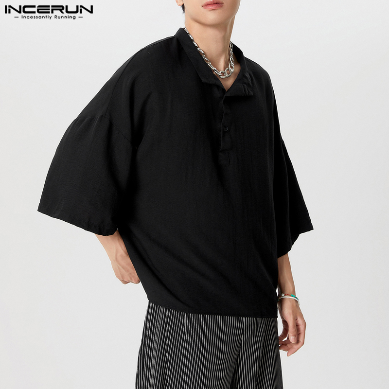 Summer Clothing Colors 2026 - INCERUN เสื้อเชิ้ตผู้ชายสีทึบคอปกแขนสั้นหลวมเสื้อสตรีทแวร์ 2026 โอเวอร์ไซส์สไตล์เกาหลีเสื้อผ้าผู้ชาย S-5XL