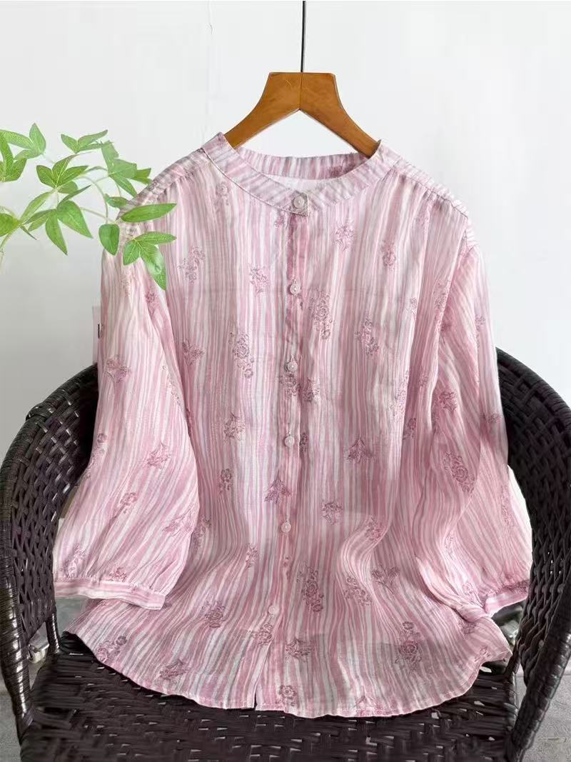 Summer Clothing For Japan - เสื้อผ้าแบรนด์หรูสำหรับผู้หญิง เสื้อเชิ้ตและเสื้อเบลาส์ผ้าลินินรามี 100% สำหรับผู้หญิง เสื้อพิมพ์ลายระบายอากาศสำหรับฤดูร้อน
