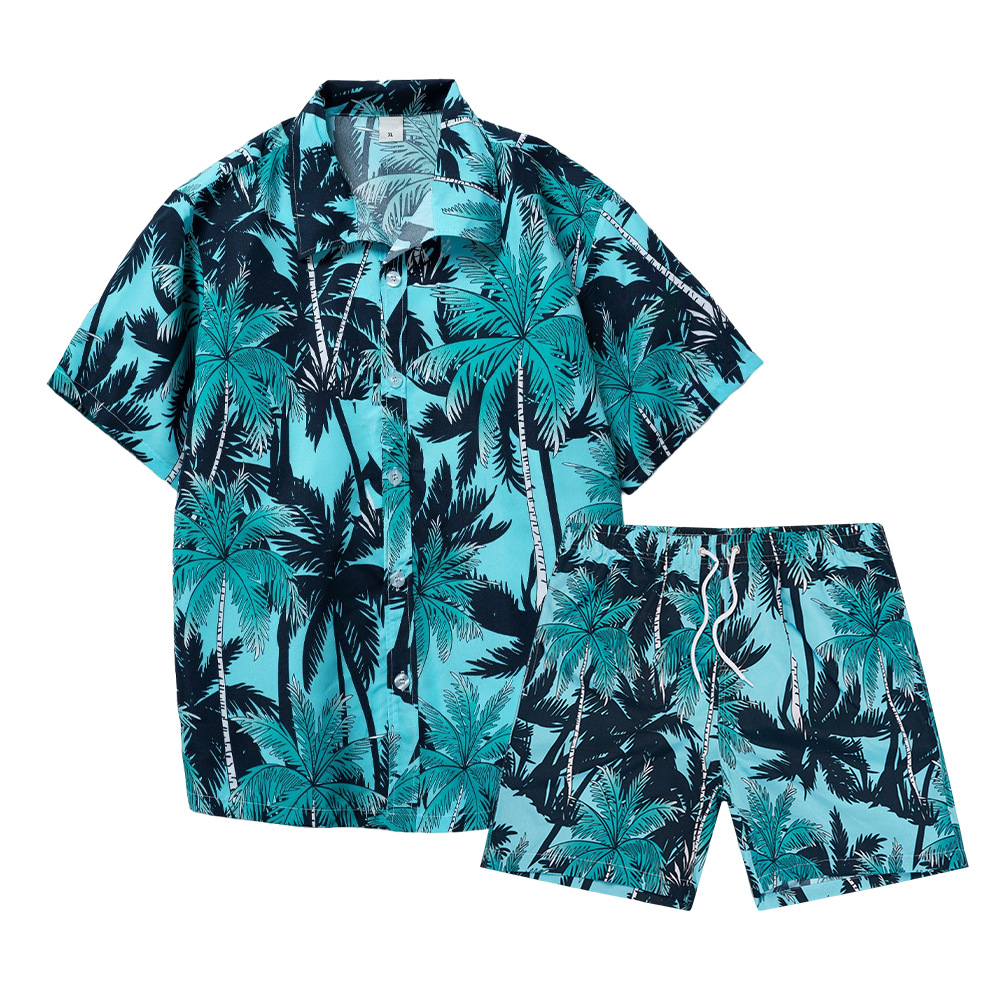 Beach Shirt Hawaiian - เสื้อเชิ้ตลายต้นมะพร้าวฮาวายแบบพิมพ์ 3 มิติ ชุดเสื้อเชิ้ตแขนสั้นแฟชั่นสำหรับผู้ชาย กางเกงขาสั้นชายหาดลำลองทรงโอเวอร์ไซส์ ชุดสตรีทแวร์