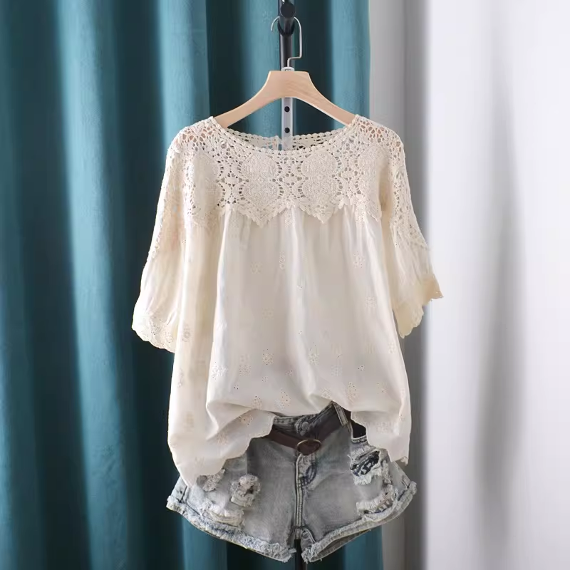 Summer Clothing For Japan - เสื้อเชิ้ตและเสื้อเบลาส์ปักลายฉลุลายลูกไม้ปี 2026 แขนสั้น ปักลายดอกไม้ เสื้อผ้าฝ้ายสไตล์โมริเกิร์ล