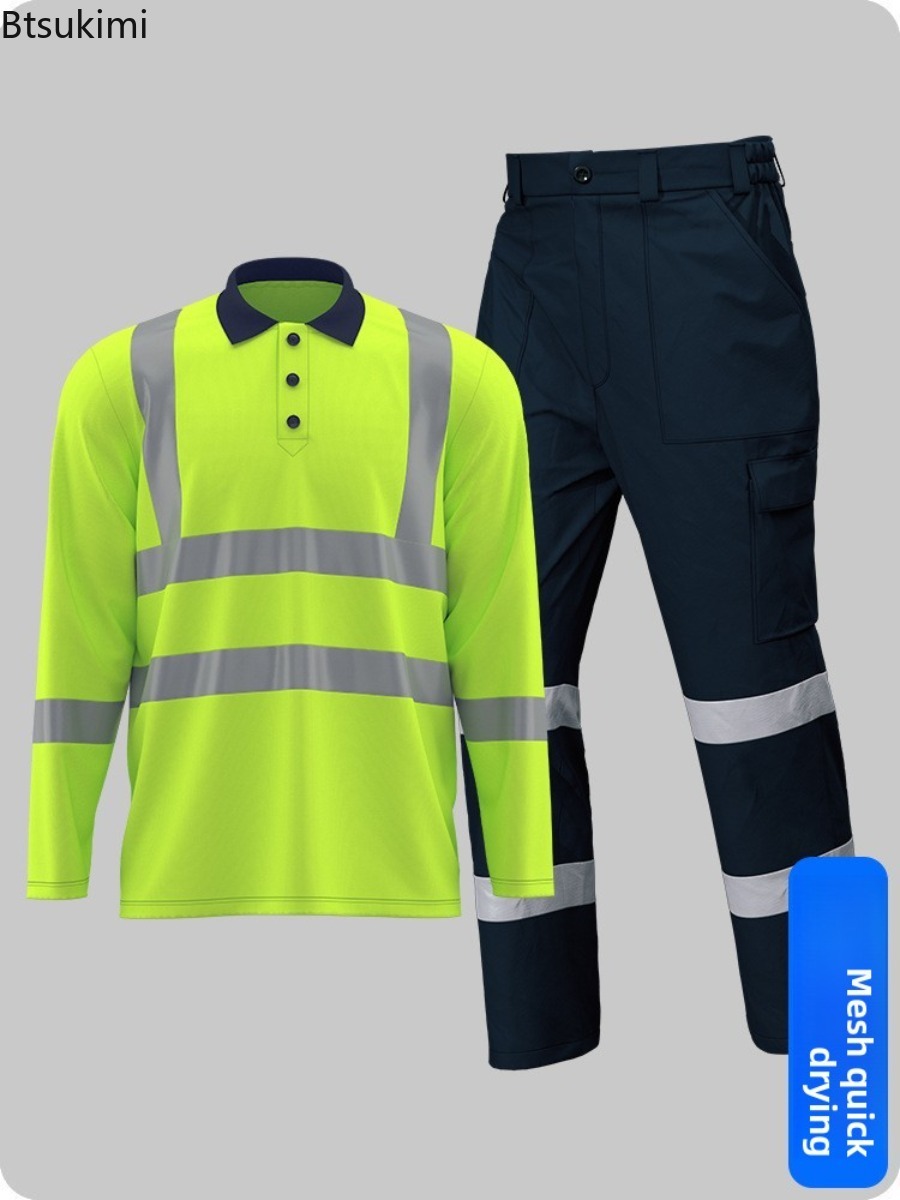 Summer Hi Vis Clothing - เสื้อโปโลสะท้อนแสงแบบแห้งเร็วสำหรับงานก่อสร้าง พร้อมกางเกงผ้าฝ้าย เสื้อยืดสะท้อนแสงสำหรับฤดูร้อน ชุดทำงานเพื่อความปลอดภัย
