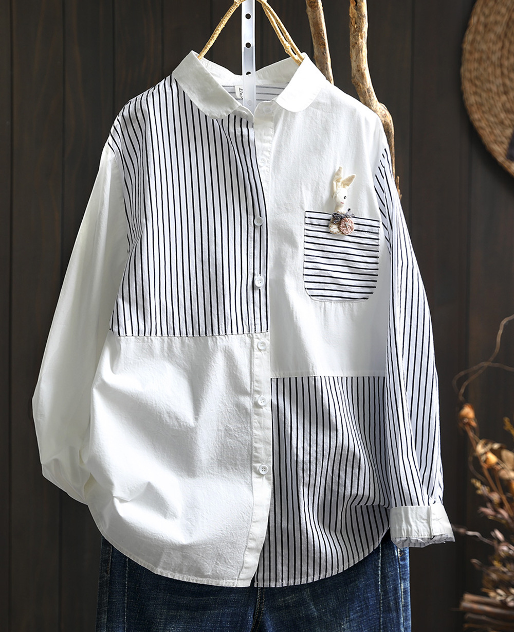 Summer Clothing For Japan - เสื้อผ้าฤดูใบไม้ร่วง 2026 ผู้หญิง ญี่ปุ่น แฟชั่นฮาราจูกุ เสื้อเชิ้ตและเสื้อเบลาส์ผ้าฝ้ายลายทางแบบต่อผ้า