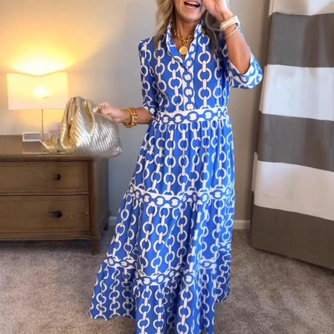 Summer Clothing Amazon - เดรสยาวพิมพ์ลายเรขาคณิต ฤดูร้อน ฤดูใบไม้ผลิ คอทรงกลม แม็กซี่เดรส แฟชั่นอินเทรนด์จากอเมซอน