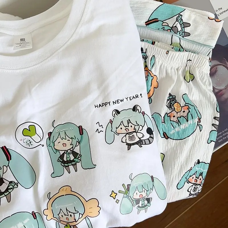 Japan Summer Festival Clothing - ใหม่ ฮัตสึเนะ มิกุ ชุดนอนฤดูร้อนผ้าฝ้ายแท้คอกลมกางเกงขาสั้นกางเกงขาสั้นมิกุน่ารักสบายๆสวมใส่ในบ้านเทศกาลของขวัญขายส่ง