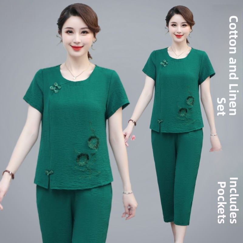 Summer Clothing Over 60 - ชุดเซ็ตผ้าฝ้ายลินินแขนสั้นสำหรับฤดูร้อน ชุดสองชิ้นแฟชั่นสำหรับวัยกลางคนและผู้สูงอายุ เสื้อผ้าระบายอากาศได้ดี ทรงหลวม คอกลม