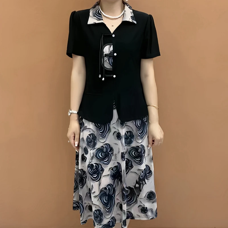 Summer Clothing Over 60 - ชุดเดรสสไตล์จีนใหม่สำหรับฤดูร้อน แฟชั่นสำหรับคุณแม่ ความยาวระดับเข่า ช่วยพรางหุ่น ดูผอมเพรียว แบบสองชิ้น
