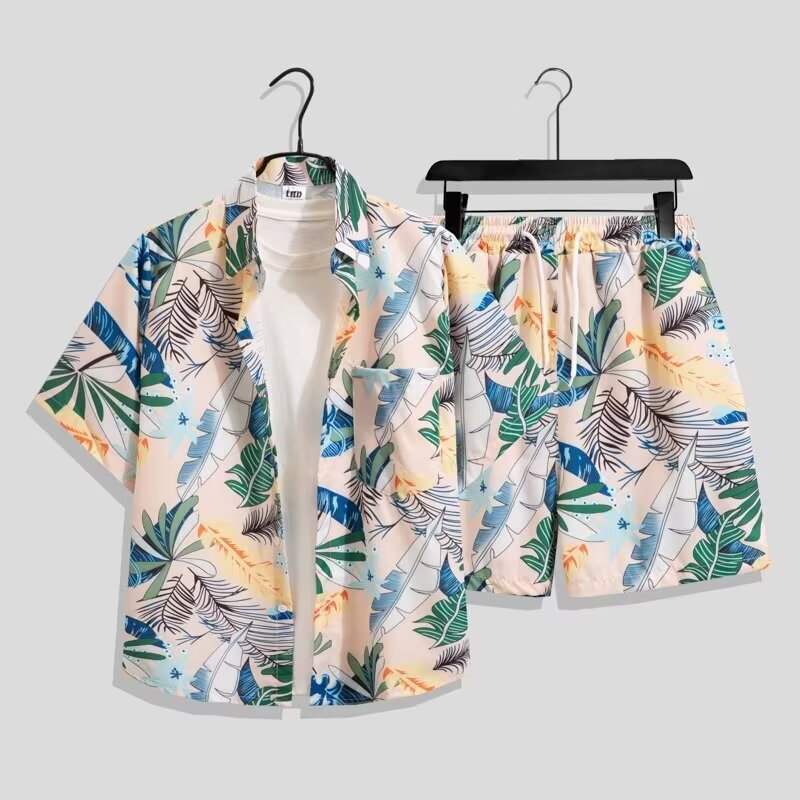Beach Shirt Hawaiian - ชุดเสื้อเชิ้ตสไตล์ฮาวายสำหรับผู้ชาย ชุดฤดูร้อนแบบหลวม แขนสั้น กางเกงขาสั้น แฟชั่นทันสมัย ลายดอกไม้ชายหาด