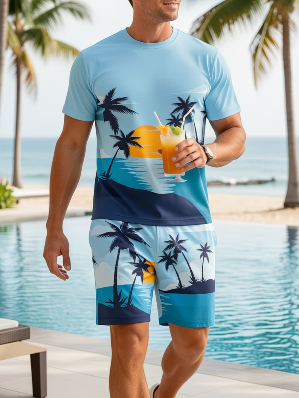 Beach Shirt Hawaiian - ชุดเซ็ต 2 ชิ้น ลายต้นปาล์มฮาวาย สำหรับผู้ชาย ปี