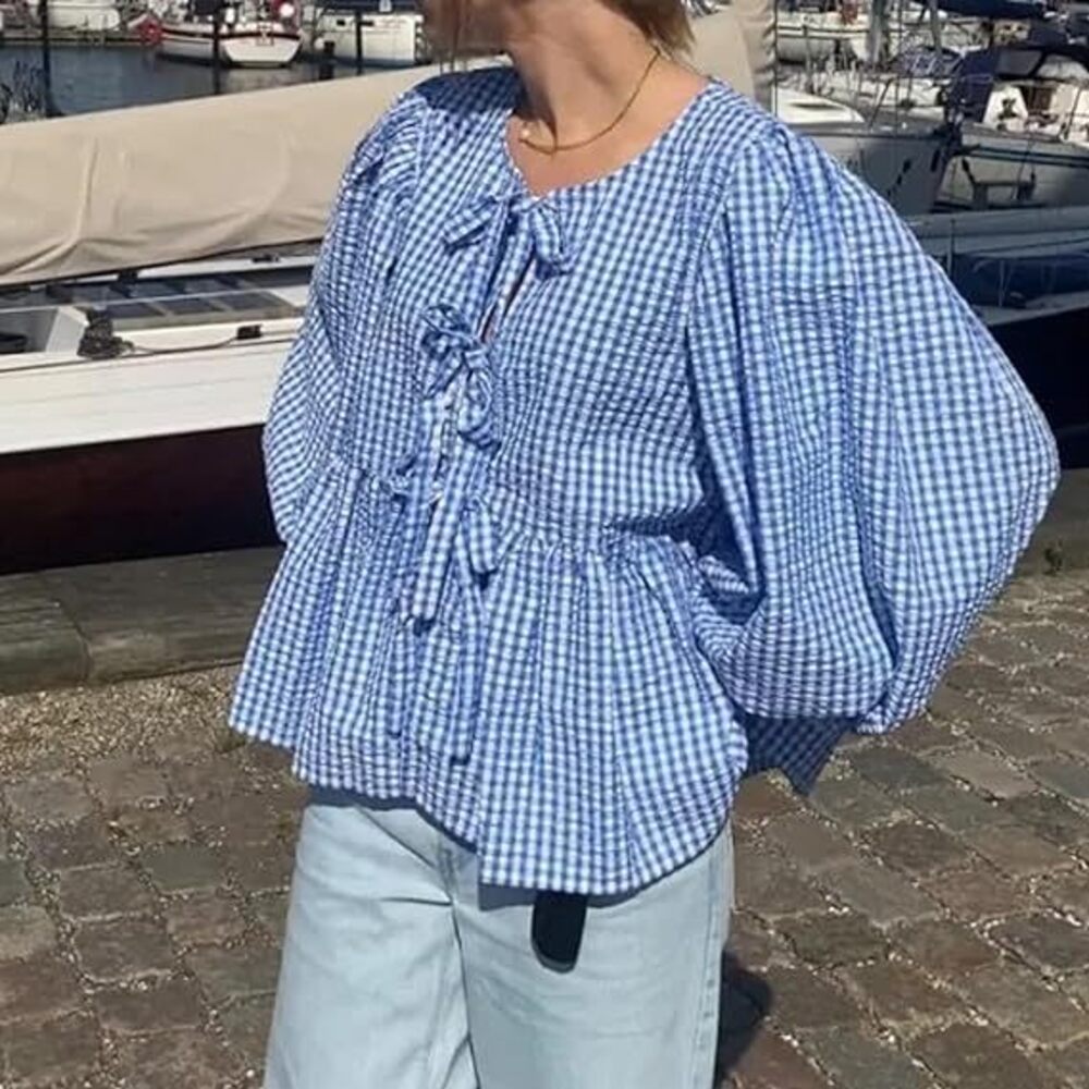 Tie Front Shirt - เสื้อเบลาส์ฤดูร้อนสำหรับผู้หญิงลำลองเสื้อเพ็บลั่มแขนสั้นแบบผูกด้านหน้ามีระบายเสื้อ2024