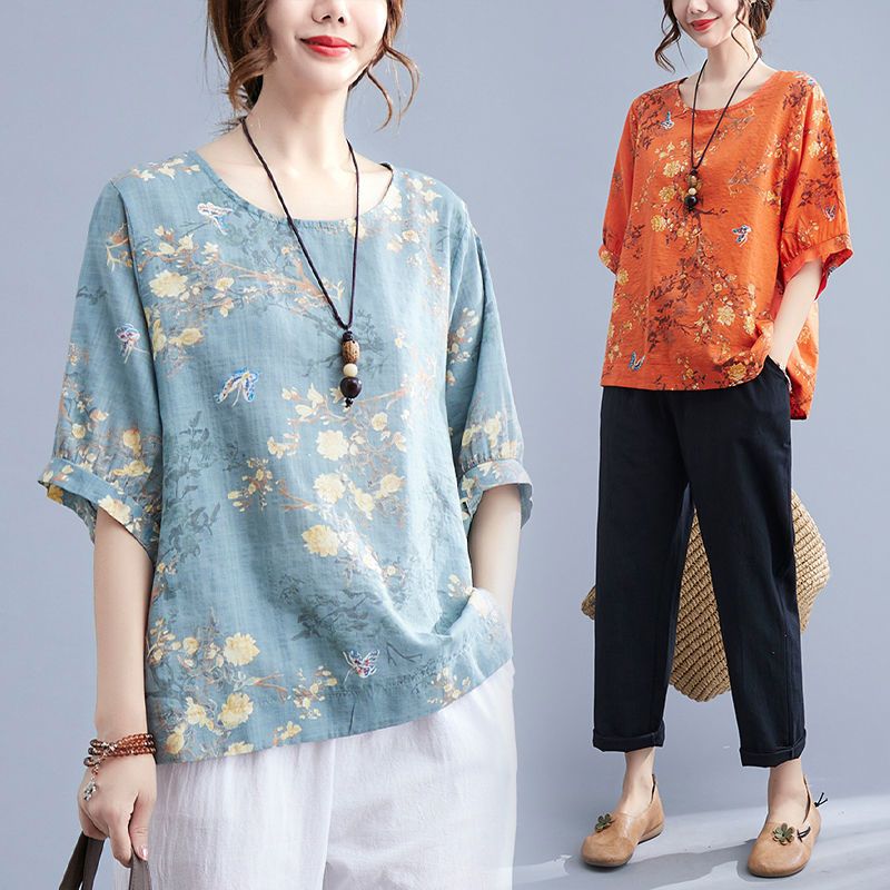 Summer Clothing Over 60 - เสื้อยืดแขนสั้นผ้าฝ้ายลินินทรงเข้ารูปสำหรับฤดูร้อน คอกลม พิมพ์ลาย ไซส์ใหญ่พิเศษ สำหรับผู้หญิง