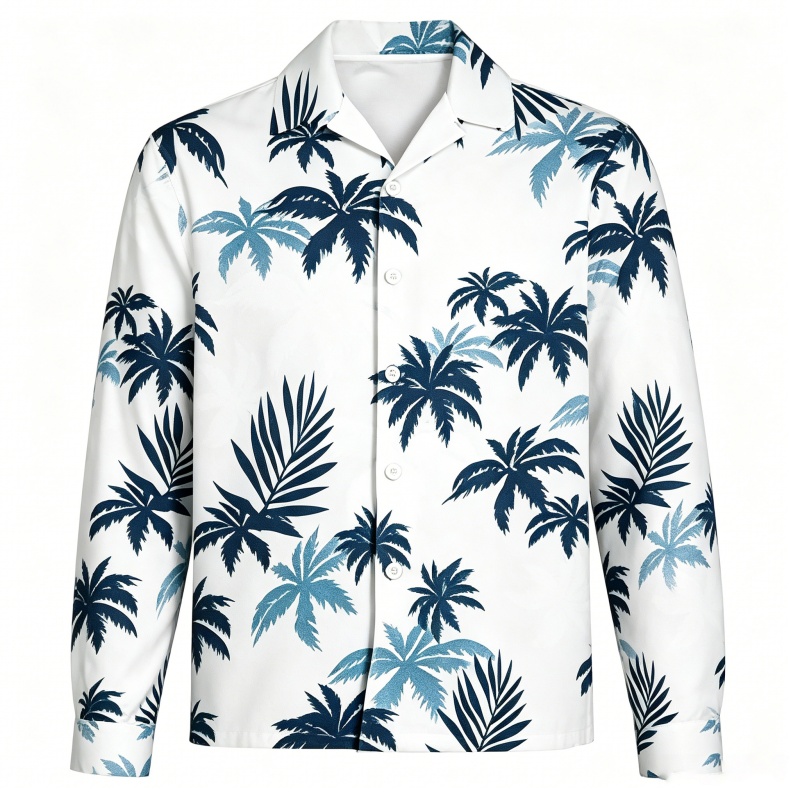 Beach Shirt Hawaiian - เสื้อเชิ้ตฮาวายแขนยาวสำหรับผู้ชาย ลายต้นมะพร้าว คอปก ทรงหลวม สวมใส่สบาย เหมาะสำหรับวันพักผ่อนชายหาด