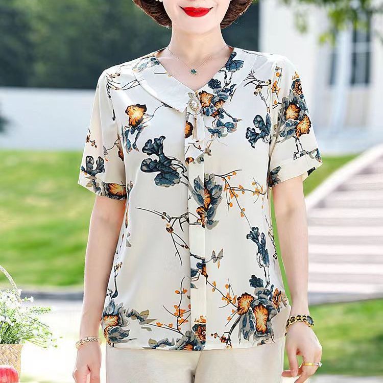 Summer Clothing Over 60 - เอฟเฟกต์สลิมมิ่ง ฤดูร้อน สไตล์ใหม่ เสื้อผ้าคุณแม่ เสื้อชีฟองแขนสั้นทรงหลวม เสื้อผ้าผู้หญิงวัยกลางคนและผู้สูงอายุ