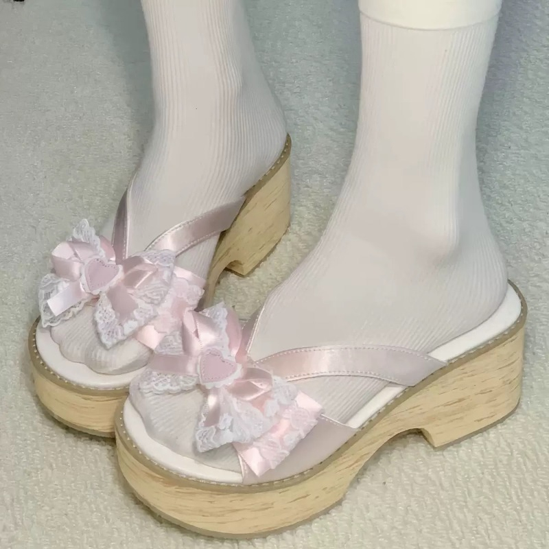 Summer Clothing For Petite Women - รองเท้าแตะพื้นหนาลายไม้ Sweet Bow สไตล์ญี่ปุ่น สำหรับผู้หญิง ใส่สบาย