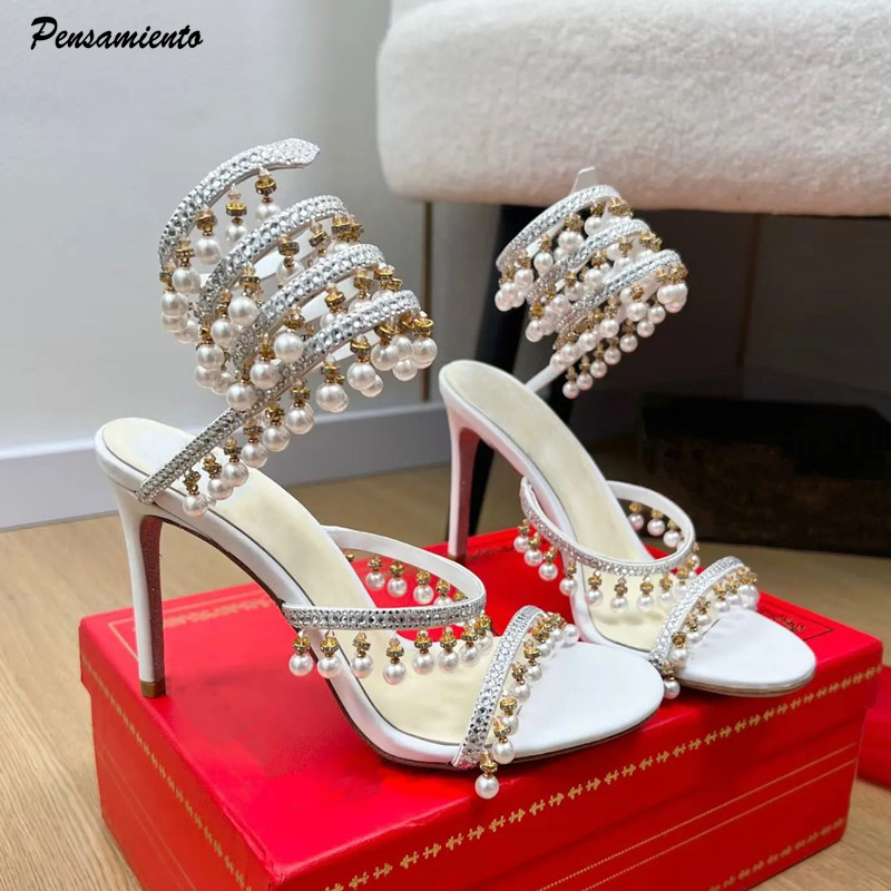 Summer Clothing For Petite Women - รองเท้าส้นสูงประดับมุกและคริสตัลหรูหรา สไตล์กลาดิเอเตอร์ สายรัดข้อเท้าลายงู ผ้าซาติน เหมาะสำหรับงานเลี้ยงฤดูร้อนและงานแต่งงาน