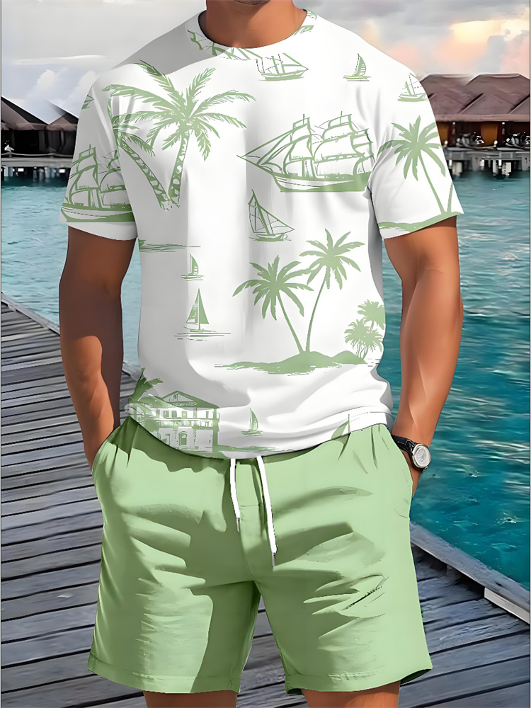 Beach Shirt Hawaiian - ชุดเซ็ตเสื้อยืดแขนสั้นและกางเกงขาสั้นลายฮาวาย 2 ชิ้น สำหรับผู้ชาย สไตล์ลำลอง ใส่ได้ทุกวัน