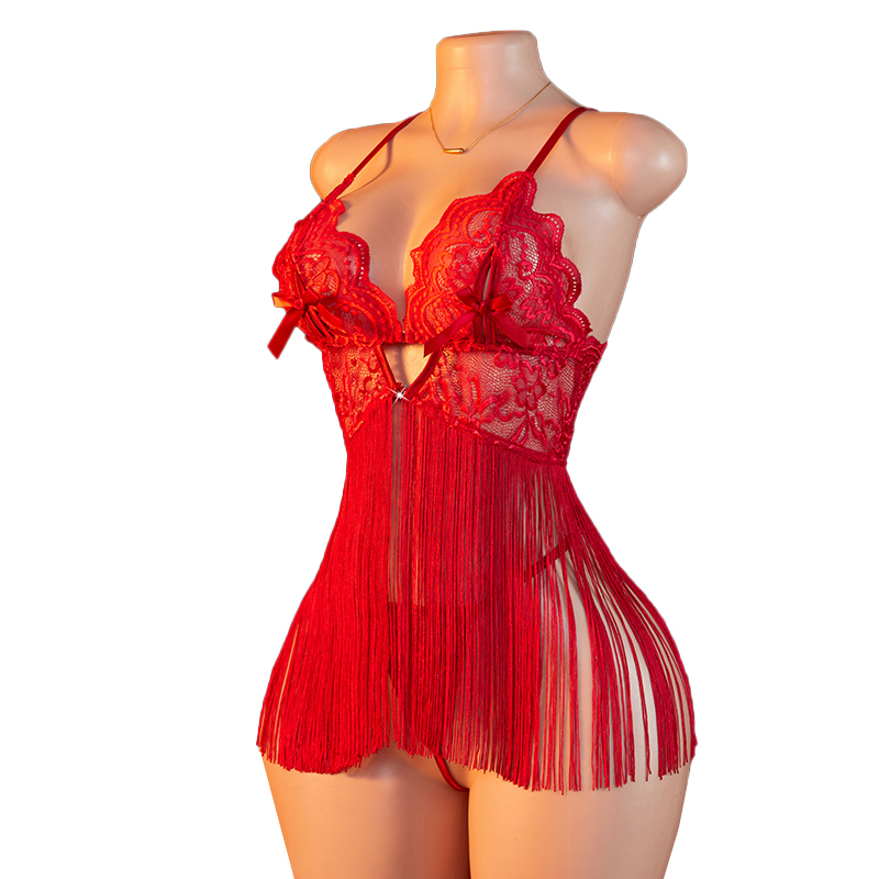 Summer Clothing Women - ชุดนอนซีทรูลูกไม้สีแดง สายรัดประดับพู่ กระโปรง ชุดชั้นใน บราเว้าลึกผูกโบว์ เซ็กซี่
