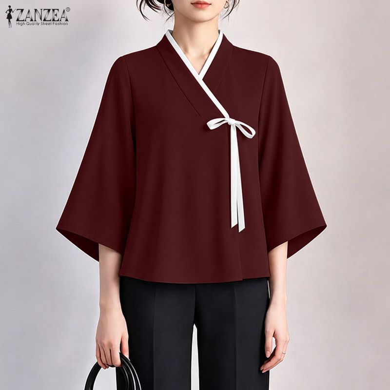 Tie Front Shirt - เสื้อผู้หญิงสไตล์จีน ZANZEA คอวี ผูกโบว์ด้านหน้า ดีไซน์หรูหรา แต่งขอบตัดสี