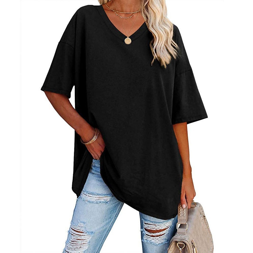Summer Clothing Amazon - ผู้หญิงหลวมคอวีฤดูใบไม้ผลิ/ฤดูร้อนใหม่สีครึ่งแขนยุโรปสไตล์อเมริกันเสื้อผ้า Amazon การค้าต่างประเทศ