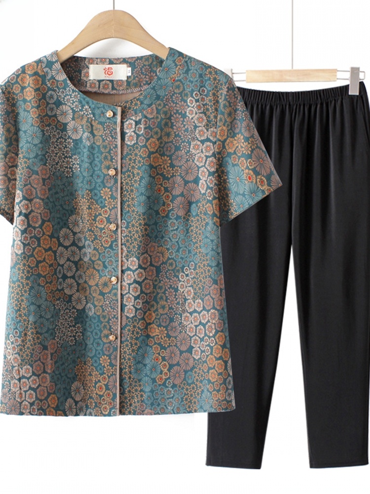 Summer Clothing Over 60 - ชุดสองชิ้นแขนสั้นสไตล์คุณยายสำหรับผู้สูงอายุ เสื้อผ้าฤดูร้อน สวมใส่สบาย ทรงหลวม สไตล์เกาหลี ผ้าฝ้ายผสม