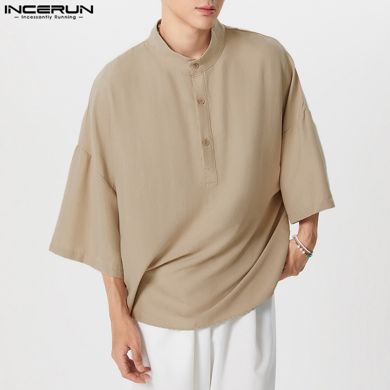 Summer Clothing Colors 2026 - INCERUN เสื้อเชิ้ตผู้ชายสีทึบคอปกแขนสั้นหลวมเสื้อสตรีทแวร์ 2026 โอเวอร์ไซส์สไตล์เกาหลีเสื้อผ้าผู้ชาย S-5XL