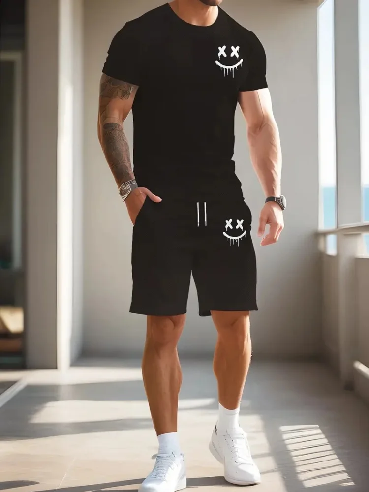 Beach Shirt Hawaiian - ชุดเซ็ตเสื้อยืดแขนสั้นและกางเกงขาสั้นลายฮาวายสำหรับผู้ชาย 2 ชิ้น สไตล์ลำลองใส่ได้ทุกวัน เหมาะสำหรับเล่นกีฬากลางแจ้งและใส่ไปชายหาด