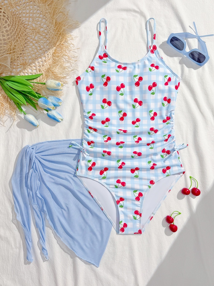Swim Cover Up Mesh - ชุดว่ายน้ำเด็กผู้หญิงวันพีซ 2026 ลายสก็อตสีน้ำเงินเชอร์รี่ ชุดว่ายน้ำเด็กแบบสลิง ชุดคลุมตาข่ายสำหรับใส่ไปทะเลช่วงฤดูร้อน