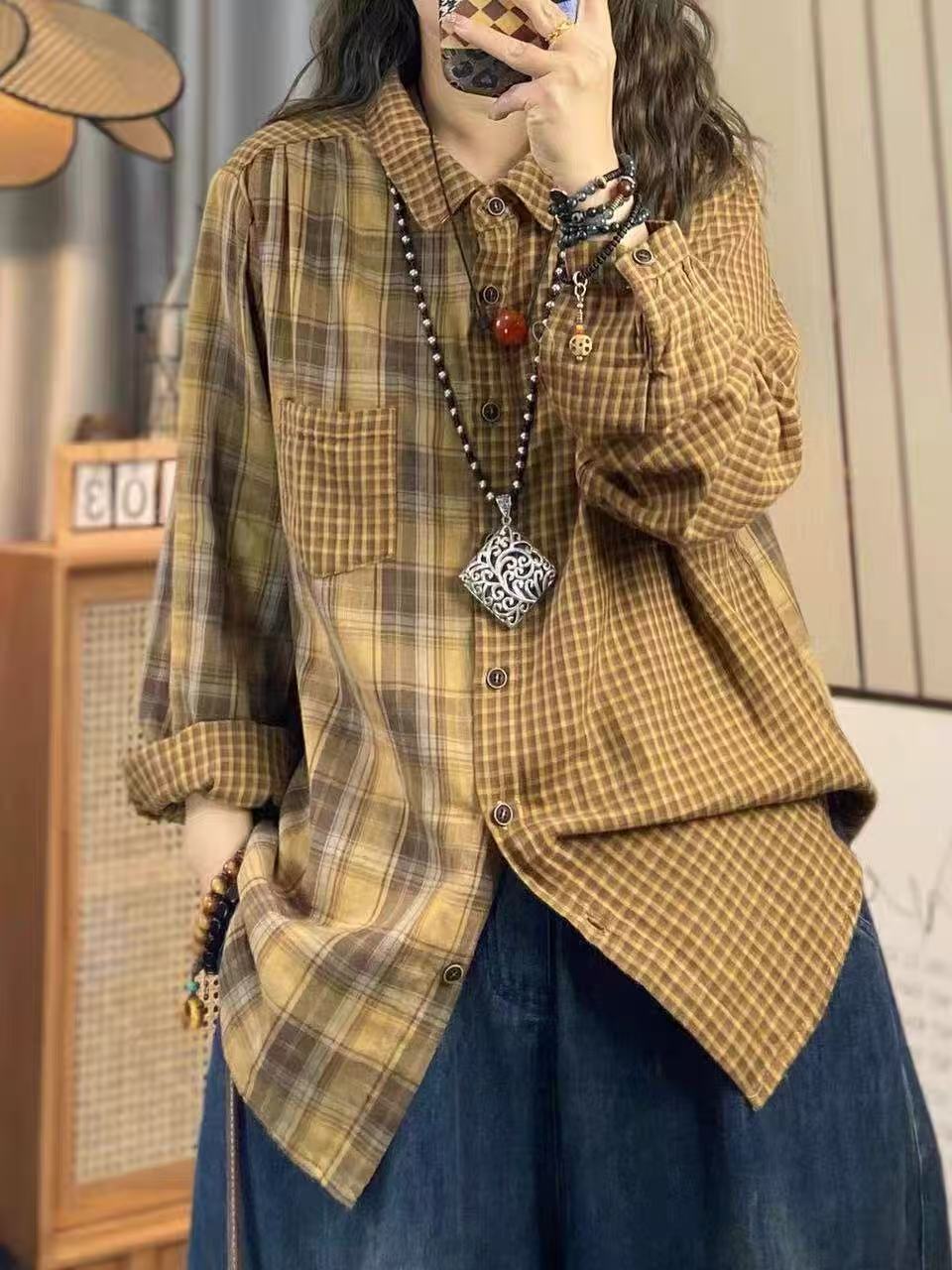 Summer Clothing For Japan - เสื้อผ้าผู้หญิงฤดูใบไม้ร่วงปี 2026 แฟชั่นญี่ปุ่น เสื้อเชิ้ตลายสก็อตผ้าฝ้ายสำหรับผู้หญิง เสื้อเบลาส์แขนยาวลายสก็อตวินเทจแบบปะติด