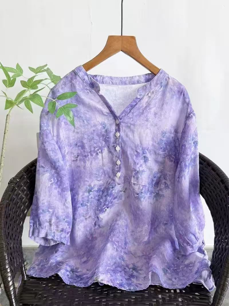 Summer Clothing For Japan - เสื้อเชิ้ตผ้ารามี 100% สำหรับผู้หญิง ฤดูร้อน วินเทจ คอวี