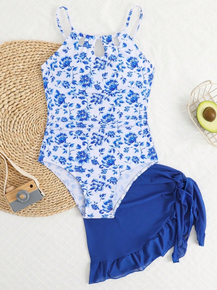 Swim Cover Up Mesh - ชุดว่ายน้ำเด็กผู้หญิงวันพีซ 2026 ลายพิมพ์สีน้ำเงินแบบใหม่ ชุดว่ายน้ำเด็กแบบสลิง ชุดคลุมตาข่ายสำหรับฤดูร้อน ชุดว่ายน้ำสำหรับเล่นน้ำ