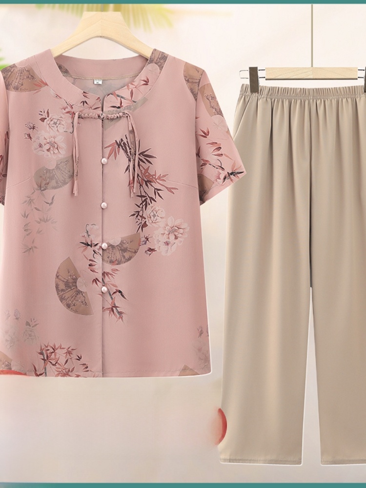 Summer Clothing Over 60 - ชุดแฟชั่นสองชิ้นแขนสั้นสำหรับผู้หญิงวัยกลางคนและผู้สูงอายุ เสื้อผ้าฤดูร้อนสไตล์คุณแม่ เสื้อคลุมคาร์ดิแกนสำหรับคุณย่า