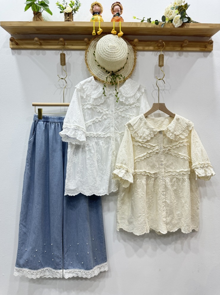 Summer Clothing For Japan - Mori kei เสื้อผ้าเสื้อโลลิต้าหวานคอปกปีเตอร์แพนแขนสั้นลูกไม้ปักเสื้อและเสื้อสตรีสไตล์ญี่ปุ่นเสื้อวินเทจ