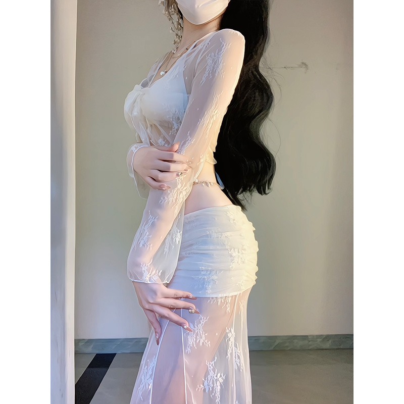 ชุดบิกินี่ 4 ชิ้น สีขาวลายดอกไ - Swim Cover Up Mesh บทวิจารณ์และราคา