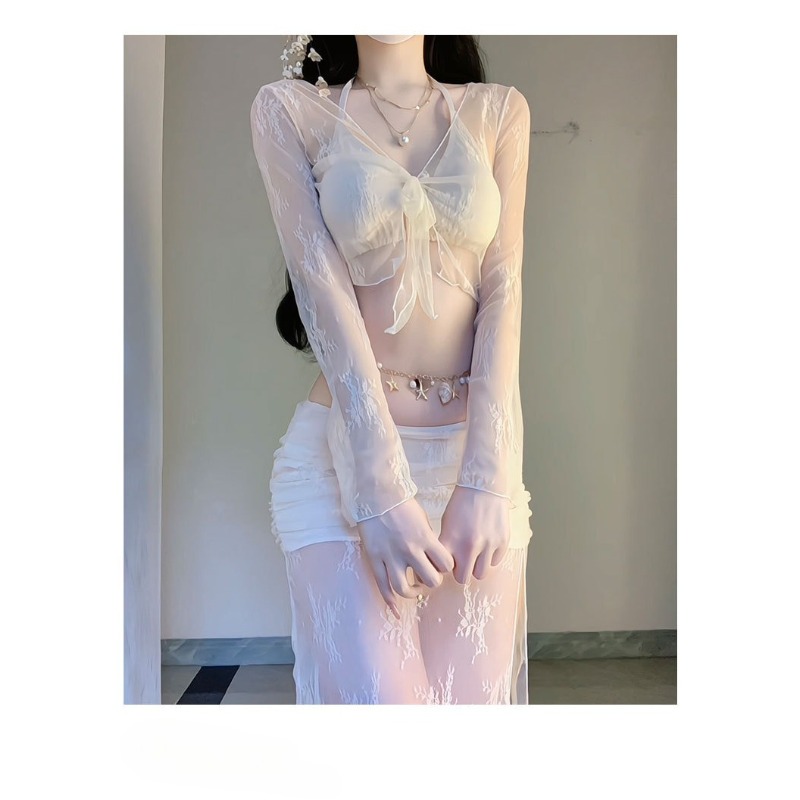 ชุดบิกินี่ 4 ชิ้น สีขาวลายดอกไ - Swim Cover Up Mesh บทวิจารณ์และราคา