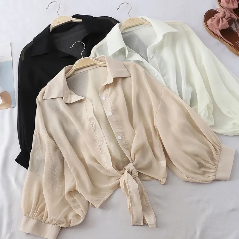 Casual หลวม Hollow เสื้อผ้าสีข - Tie Front Shirt บทวิจารณ์และราคา