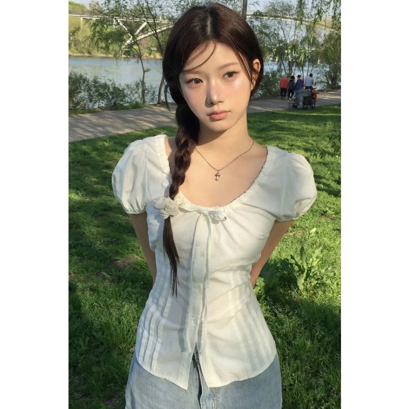 เสื้อเบลาส์แขนพองสีดำสำหรับผู้ - Tie Front Shirt บทวิจารณ์และราคา